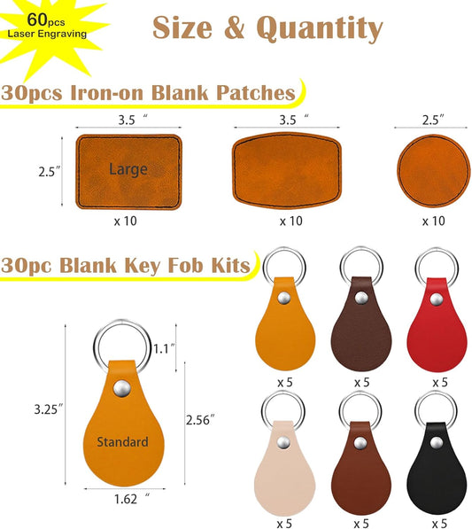 iFForce 60 Pcs Lasable Engravable Blanks - Leatherette Iron on Hat Patches & PU Leather Key Fob Kit for DIY Custom Laser Engraving Craft Gifts