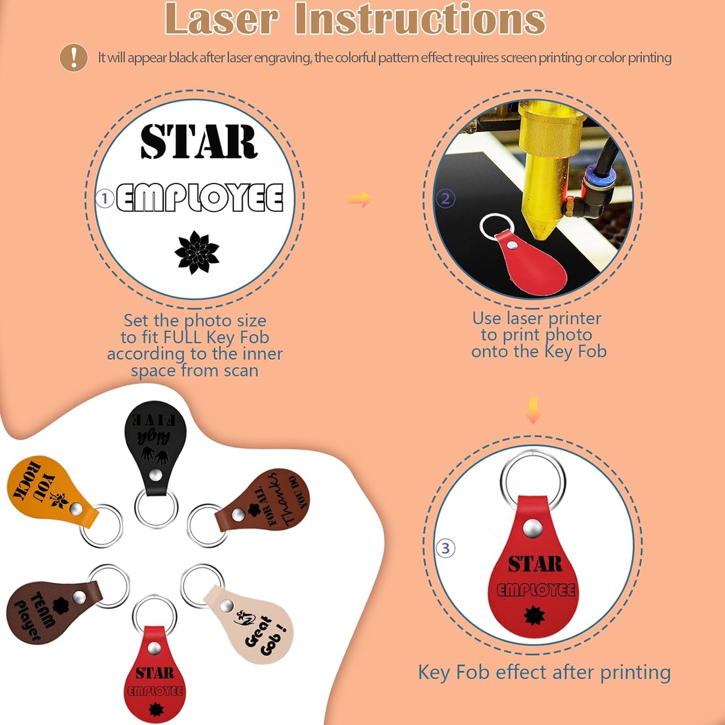 iFForce 60 Pcs Lasable Engravable Blanks - Leatherette Iron on Hat Patches & PU Leather Key Fob Kit for DIY Custom Laser Engraving Craft Gifts