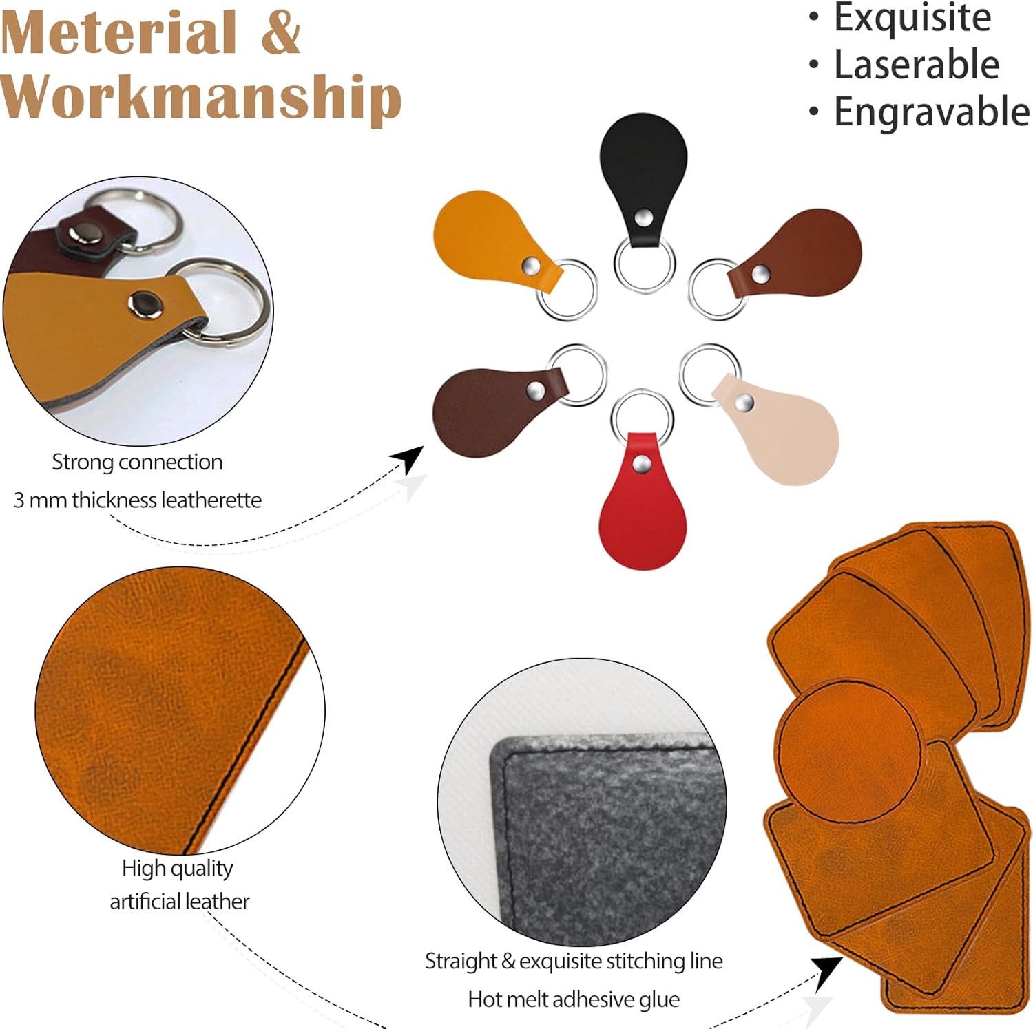 iFForce 60 Pcs Lasable Engravable Blanks - Leatherette Iron on Hat Patches & PU Leather Key Fob Kit for DIY Custom Laser Engraving Craft Gifts