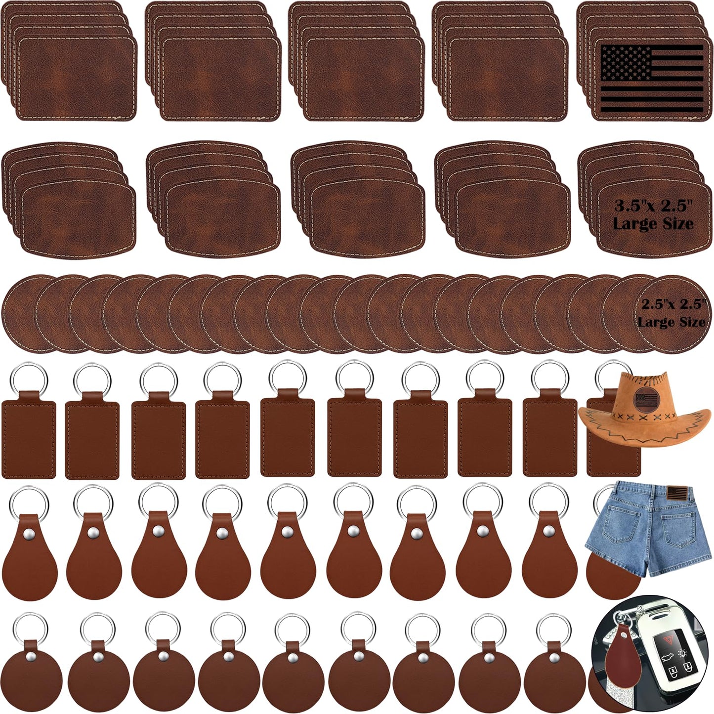 iFForce 60 Pcs Lasable Engravable Blanks - Leatherette Iron on Hat Patches & PU Leather Key Fob Kit for DIY Custom Laser Engraving Craft Gifts