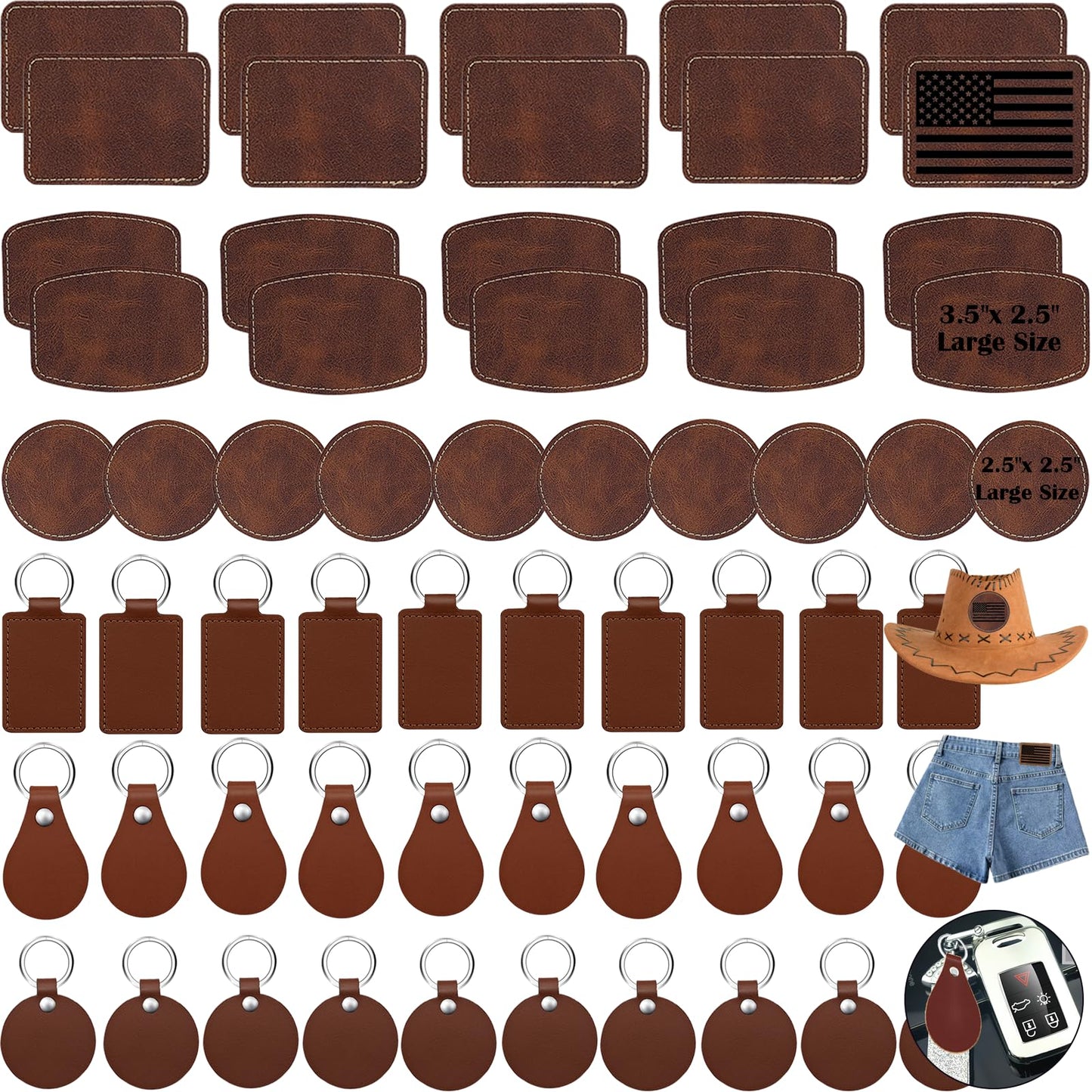 iFForce 60 Pcs Lasable Engravable Blanks - Leatherette Iron on Hat Patches & PU Leather Key Fob Kit for DIY Custom Laser Engraving Craft Gifts