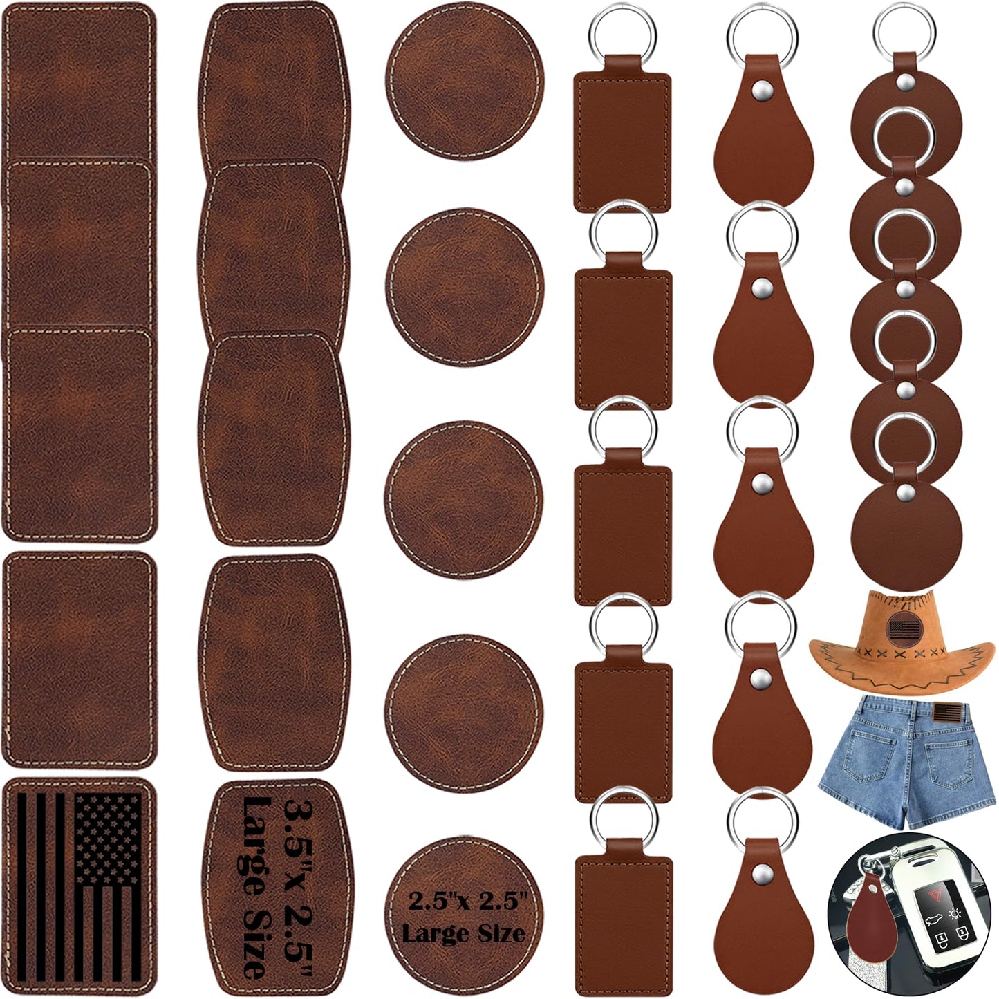 iFForce 60 Pcs Lasable Engravable Blanks - Leatherette Iron on Hat Patches & PU Leather Key Fob Kit for DIY Custom Laser Engraving Craft Gifts