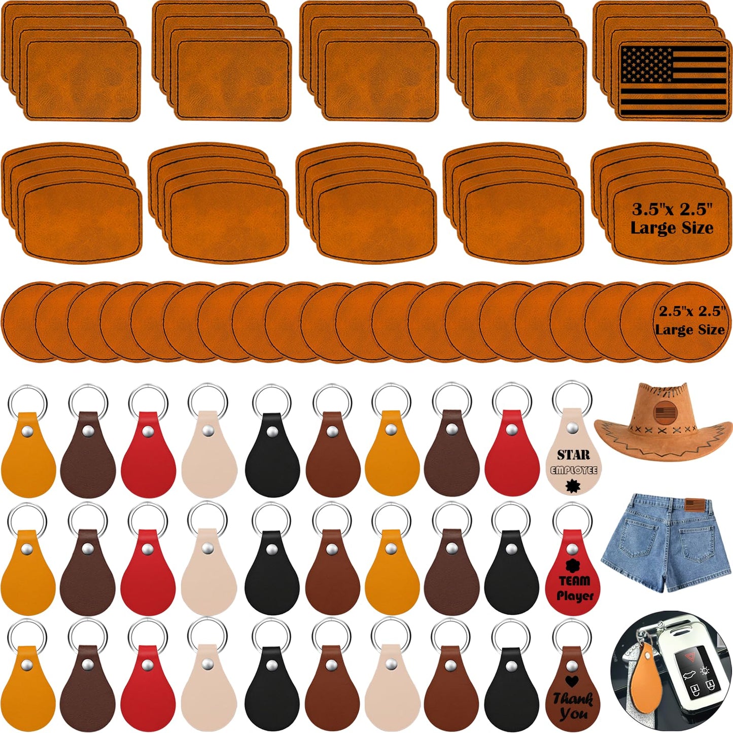 iFForce 60 Pcs Lasable Engravable Blanks - Leatherette Iron on Hat Patches & PU Leather Key Fob Kit for DIY Custom Laser Engraving Craft Gifts